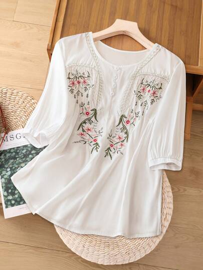 Linhara Blusa con cuello redondo bordada de manga 3/4 para mujer de talla grande