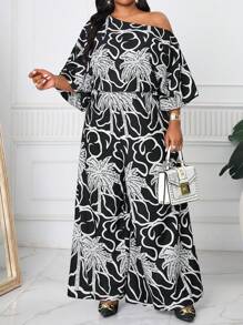 SHEIN Lady 春夏优雅复古工作休闲办公室黑白棕榈叶假日图案编织露肩舞会礼服主教袖露背新款大码连体裤