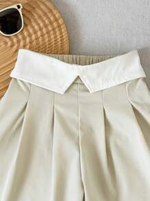 Young Girls Pleated Contrast Color Trim Shorts, Casual Versatile Summer Pants - Apricot - View 4
