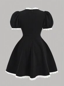 Girlism Vestido mini línea A de niña preadolescente con mangas abullonadas, adorno de encaje negro vintage, vestido elegante, vestido de fiesta, vestido negro pequeño