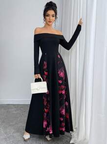 Modelyn 女士优雅露肩花卉下摆拼接连衣裙