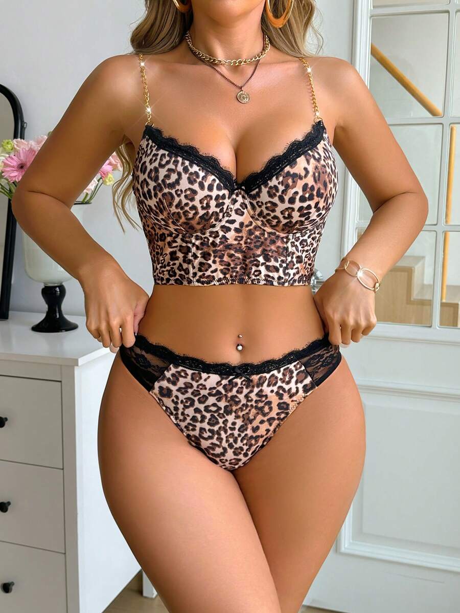 2pcs/Set Women Leopard Print Metal Chain Lace Patchwork Bra Set - Multicolor - View 1