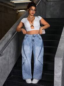 SHEIN ICON Quần Jeans Denim Thường Ngày Cỡ Lớn, Đơn Giản & Thời Trang, Mặc Hàng Ngày - Màu xanh lam - Xem 6