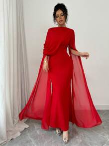SHEIN PETITE Elegant & Charming Party Banquet Evening Dress, Ruched Oblique Shoulder Sheer Sash Dress, Long Sleeve, Side Slit, Knitted Stretchy Red Dress For Autumn/Winter Fall Cloth For Women
