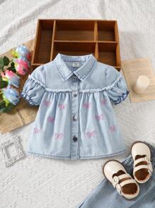 SHEIN 女婴休闲可爱刺绣蝴蝶结衬衫上衣 - 彩色 - 查看 1