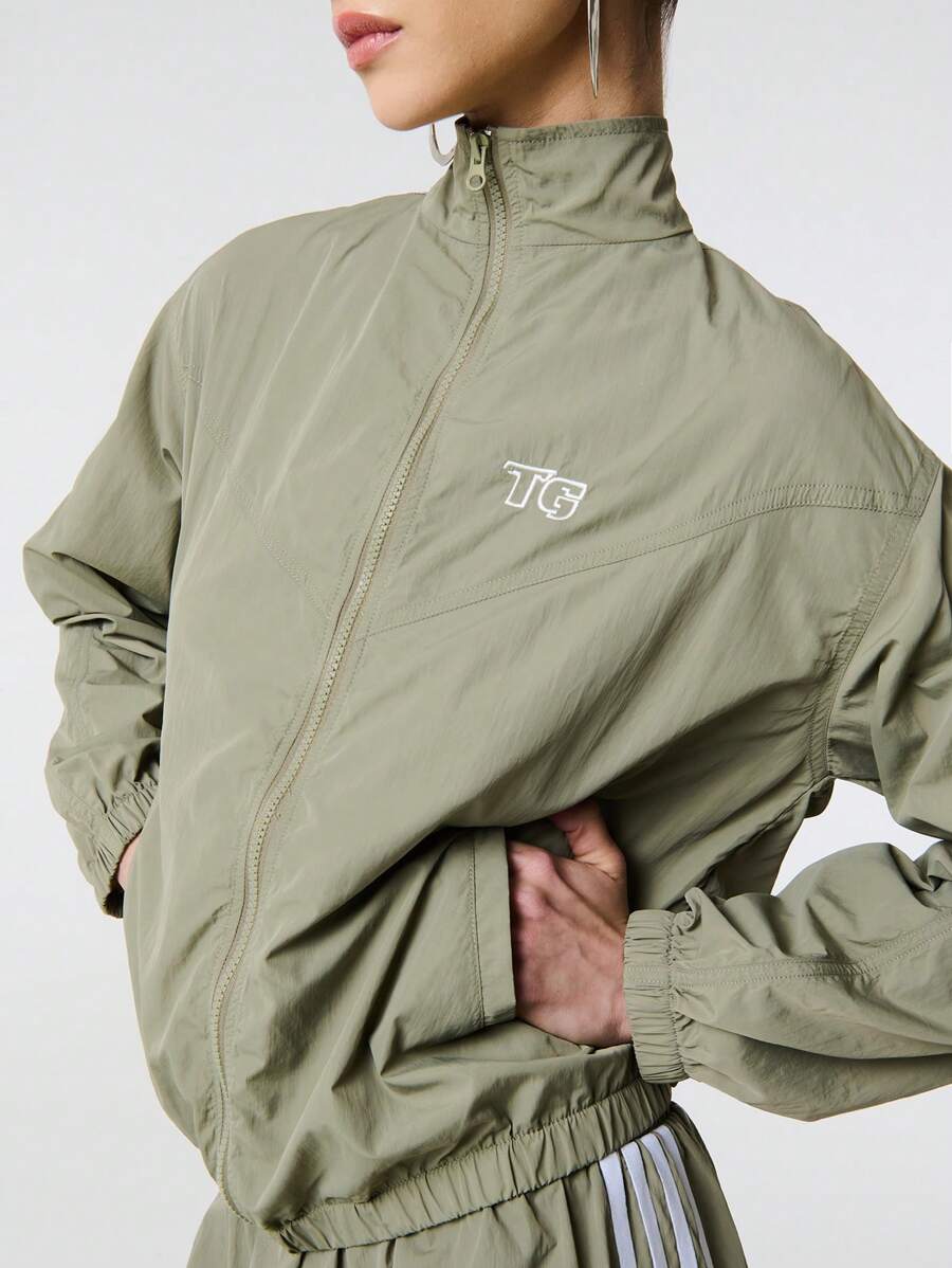 TypaGal Letter Embroidery High Neck Panelling Zip Through Long Sleeve Drop Shoulder Nylon Windbreaker Jacket - Green - View 1