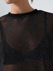 SHEIN EZwear 夏季黑色閃爍網眼透視短袖上衣 - 黑色 - 查看 7