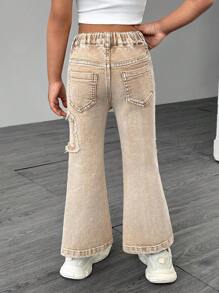 年轻女孩复古 Y2K 风格蝴蝶贴花弹力牛仔喇叭裤，休闲