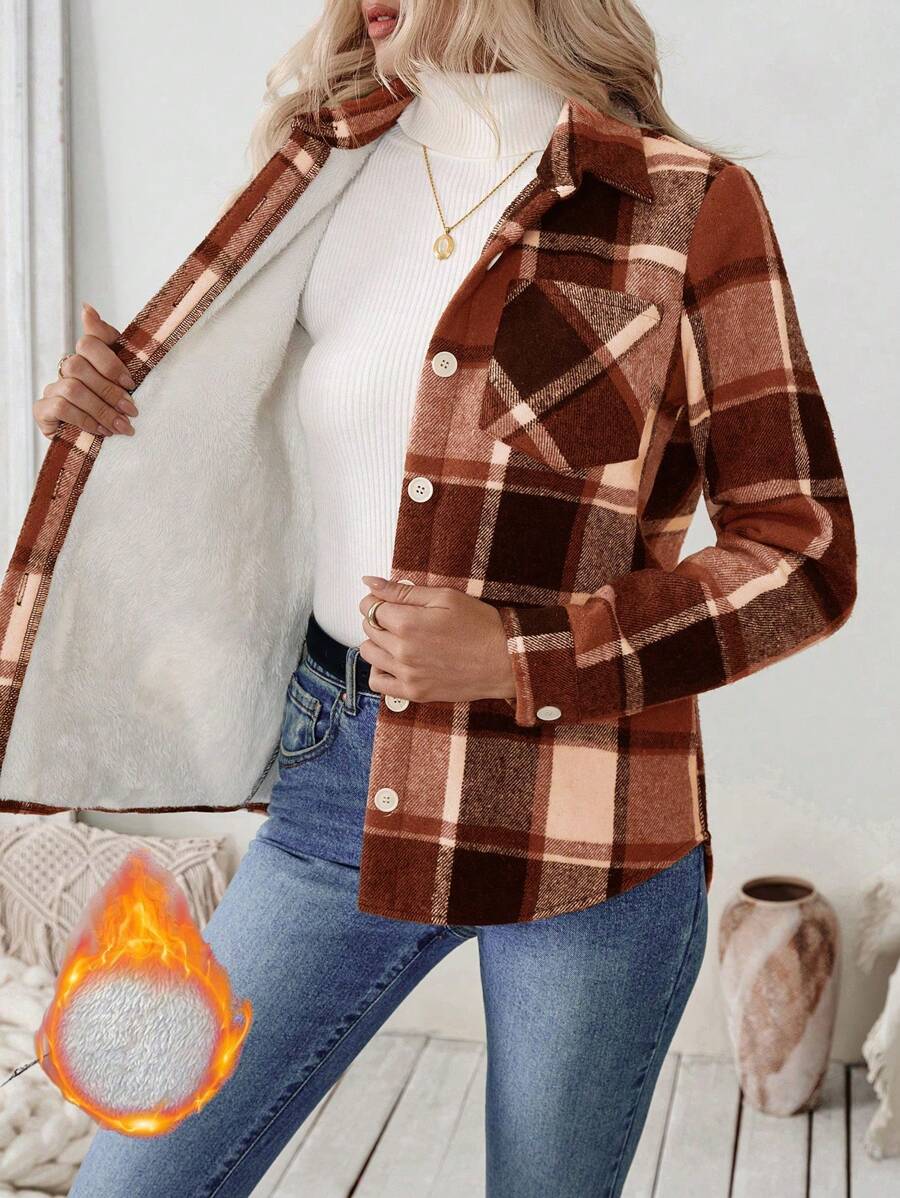 SHEIN LUNE Chaqueta casual con botones y bolsillos con estampado a cuadros de manga larga para mujer, camisa de uso casual diario para mujer