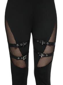ROMWE Grunge Punk PUNK Style Mesh Patchwork Eyelet Strap Mid-Waist Leggings - Black - View 5