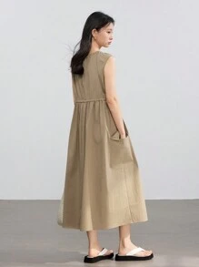 DAZY Women's Casual Elegant Minimalist Drawstring Waist Floral Decor Large Pocket Straight Long Midi Dress Summer Old Money Style Sundress - Khaki - View 5