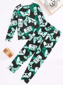 SHEIN Tween Boy Snug Fit Cartoon Game Controller Graphic Crew Neck Long Sleeve Tee & Long Pants Leisure Comfortable Pajama Set - Green - View 2