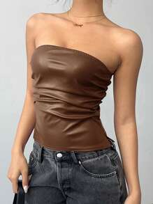 Siren Gaze New Year&Valentine's Women's PU Leather Top Fashionable Ruched Asymmetric Hem Tube Top, Suitable For Going Out And Parties Top,New Years Women Brown Summer Casual - Coffee Brown - View 3