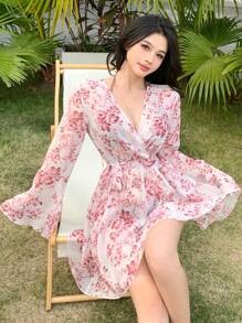 DAZY 女士花卉印花喇叭袖和服罩衫，适合夏季海滩度假 - 彩色 - 查看 9