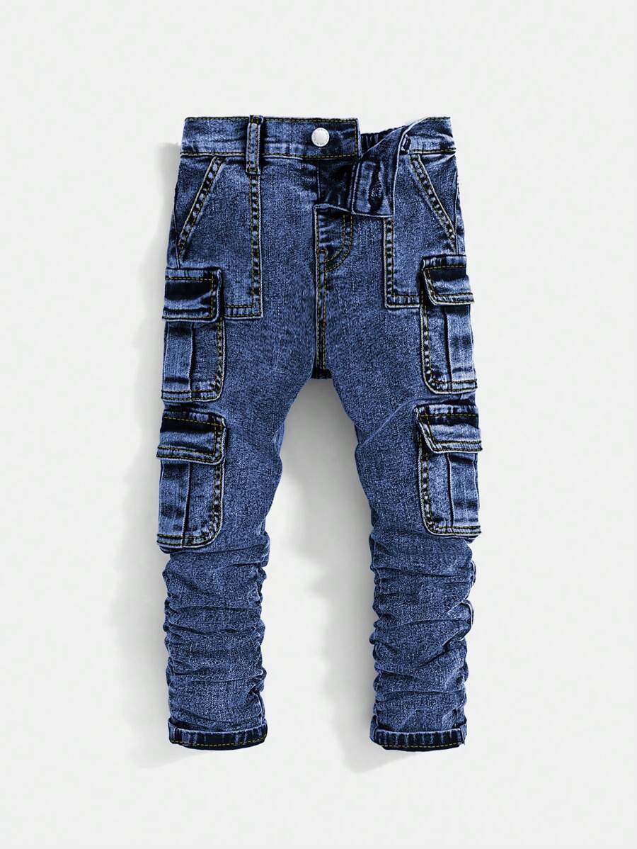 SHEIN 年轻男孩街头酷炫潮流石洗多口袋高弹力紧身灰色牛仔裤，适合年轻男孩上学和日常秋装 - 中等水洗藍 - 查看 1