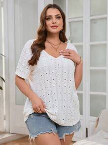 SHEIN Frenchy Plus Size Women Casual Simple Jacquard Textured Solid Color V-Neck T-Shirt, Reversible,Short Sleeve Top - Apricot - View 6