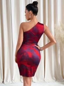 SHEIN Clasi Red Abstract Print Asymmetrical Shoulder Tie Waist Asymmetrical Hem Fitted Short Dress For Women Summer Outfits For Women Spring Outfits For Women Valentine's Day Dress Summer Outfits For Women Summer Dresses For Women Red Dresses For Women