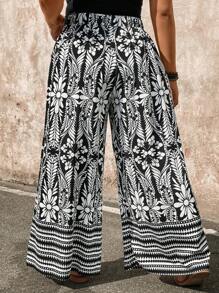 Breezaya Große Größen Blumen Hosen mit hoher Taille, Taschen und weitem Bein