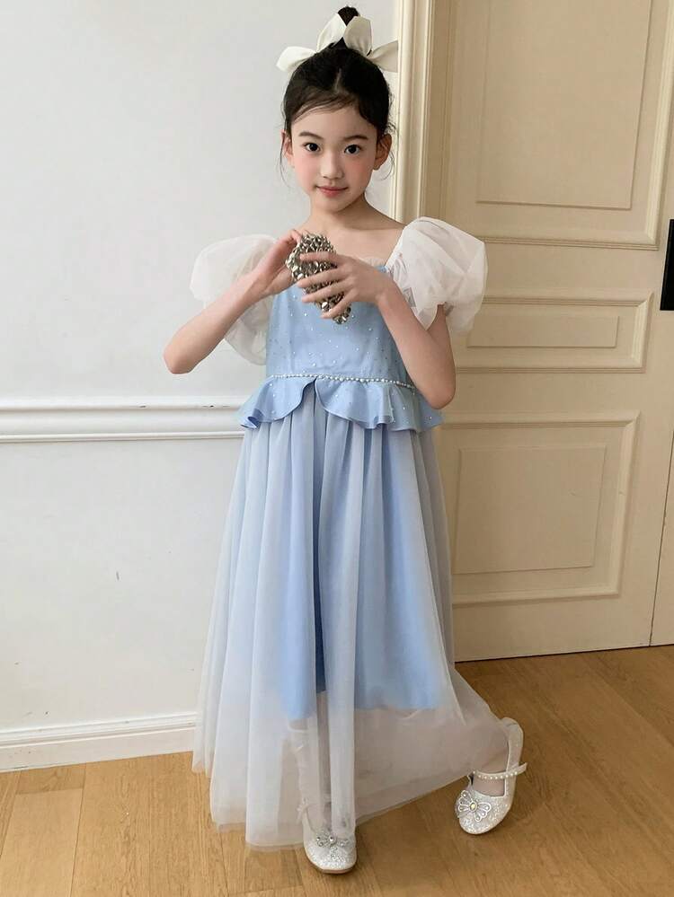 Tween Girl' Square Collar Mesh Splice Simple Princess Dress, Summer,Back To School Clothes