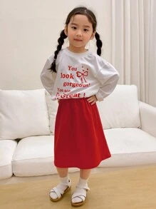 DAZY Set de 2 piezas de parte superior de manga larga con cuello redondo estampada y falda entallada para niña, para primavera/verano - Beis - Ver 1