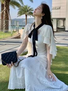 DAZY Women's Color-Block Layered Ribbon Trim Blouse,Ruffle Vacation Outfits Women - White - View 6