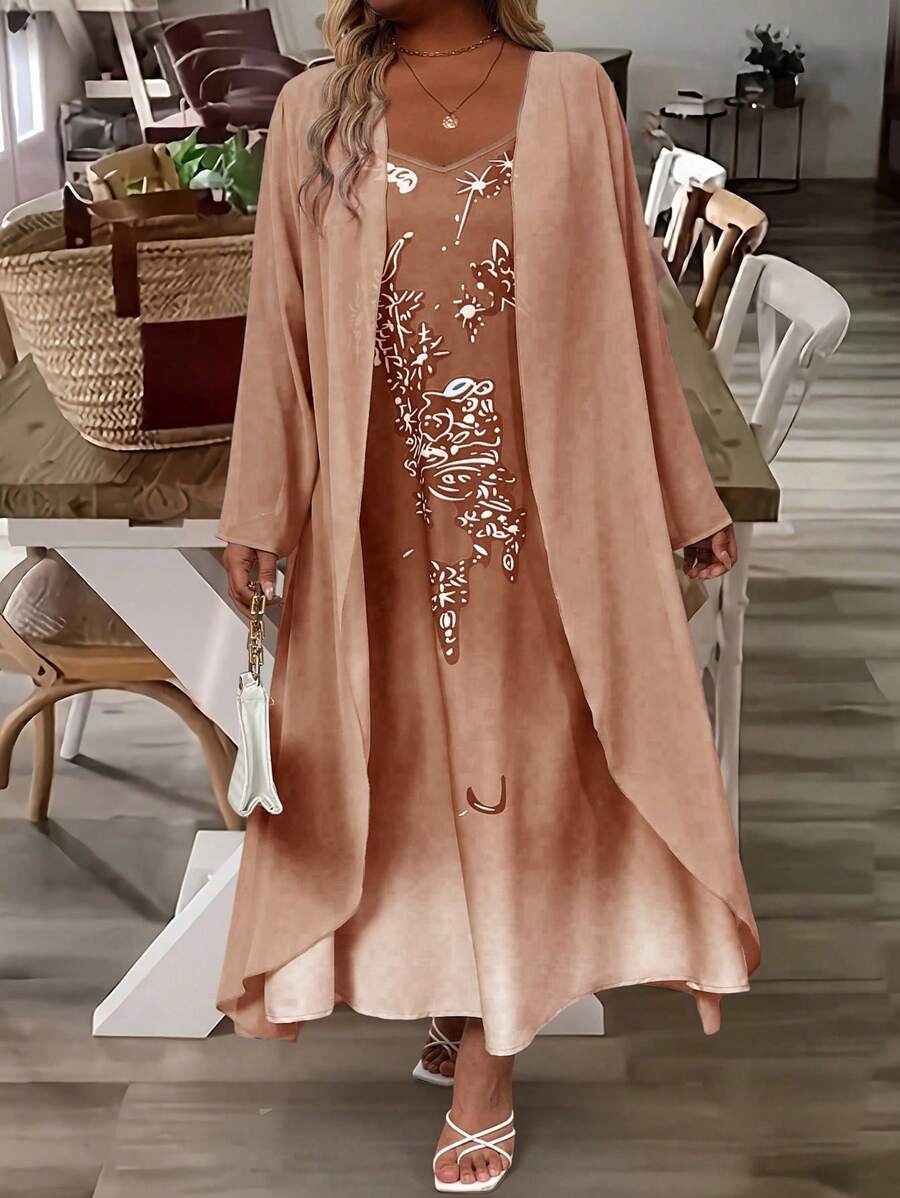 SHEIN Set de 2 vestidos de encaje y gasa elegante para tallas grandes, para primavera/otoño - Caqui - Ver 1