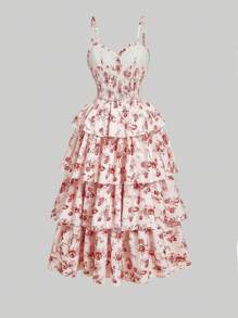 SHEIN MOD Plus Size Vintage Romantic Floral Print Split Dress For Summer