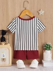 SHEIN 2pcs Baby Boy Casual Comfortable Stripe Patchwork Set, Suitable For Sports, Shopping, Party