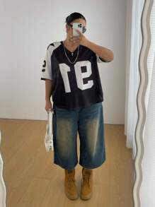 POPSWAY T-shirt d'été décontracté à manches courtes avec lettres et chiffres perforés pour femmes en grande taille - Multicolore - Voir 5