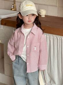 SHEIN x Tata & Beatriz Dazy Kids 年轻女孩宽松条纹长袖休闲衬衫 - 紅色 - 查看 2