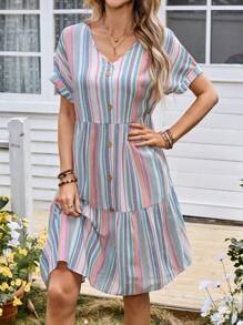 EMERY ROSE 女式条纹 V 领短袖纽扣休闲连衣裙 - 彩色 - 查看 7