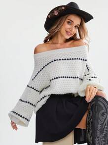 SHEIN LUNE Suéter de capa base cómodo y cálido para mujer, con cuello redondo, manga farol de hombro caído, bloques de color, rayas y textura, para uso casual, commuter, elegante y al aire libre en otoño/invierno - Multicolor - Ver 3