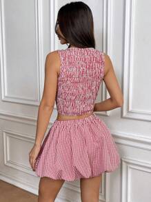Chiquease Bộ 2 món áo hai dây kẻ caro và váy tutu mini cho nữ, phong cách tiệc tùng Bohemian thời trang đường phố dễ thương cho mùa xuân/hè - Đỏ - Xem 2