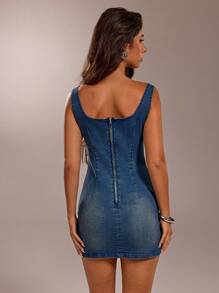 SHEIN Forever 21 Mini Dress Sundress Denim Dress Party Women Outfits Blue Dress Cowgirl Women Outfits - Blue - View 2