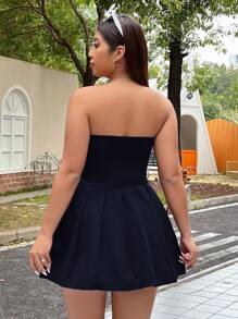 SHEIN EZwear 春夏简约纯色褶皱宽松 A 字形蓝色大码中长连衣裙 - 藏蓝色 - 查看 2