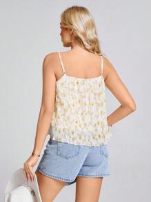 SHEIN LUNE Camiseta de mujer con volantes en color amarillo claro y estampado floral romántico, para primavera/verano