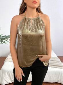 SHEIN Clasi Plus Size Fashionable Metal-Accent Halter Neck Blouse, Gold Top - Gold - View 5