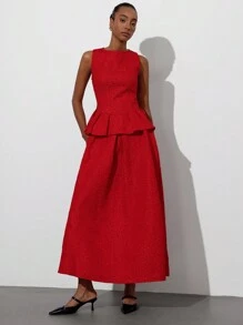 Aveloria Modichic 2pcs/Set Women's Red Romantic Party Outfit - Sleeveless Jacquard Top With Layered Waist Detail & Extra Long Skirt, Elevated Look