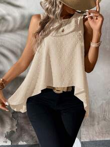 EMERY ROSE 夏季时尚休闲白色激光切割不对称下摆 A 字形圆领背心，修身 - 卡其色 - 查看 3