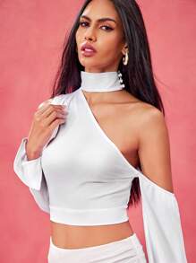 Tristan Blake Designer Witte Off-The-Shoulder Opstaande Kraag Geplooide Cropped Halter Top, Festival
