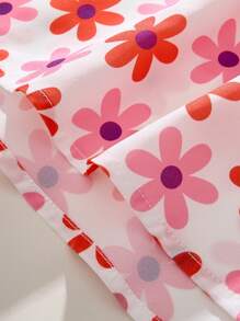 THE HAPPY LOOK Young Girls Floral Print Elastic Ruffle Off Shoulder Loose White Blouse, Vacation Style, Spring - Pink - View 3