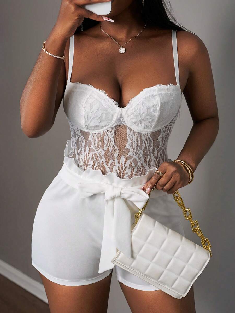 Slaydiva 2 件套夏季新款性感优雅细肩带蕾丝透视紧身衣 + 荷叶边领结短裤，海军蓝女士 - 白色 - 查看 1