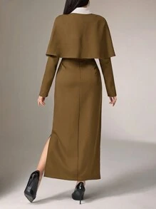 Heiryn 女士两件套棕色裙装套装，含斗篷西装外套和中长铅笔裙，适合办公室穿着 - 駝色 - 查看 2