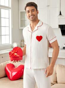 Plush Heart Patch Decorated Romantic Men's Sleepwear Set