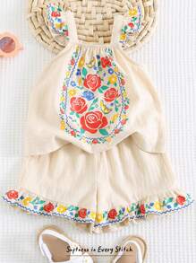 Cozy Pixies Baby Girl Floral Pattern Square Collar Ruffle Hem Pullover Top And Elastic Waist Shorts 2 Pieces Set - Beige - View 1