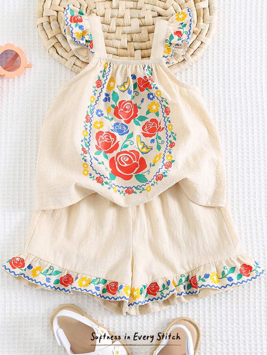 Cozy Pixies Baby Girl Floral Pattern Square Collar Ruffle Hem Pullover Top And Elastic Waist Shorts 2 Pieces Set - Beige - View 1