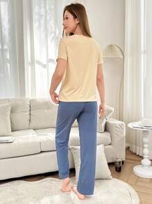 Women Bow & Letter Print Pajama Set Bowknot