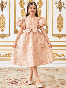 SHEIN Đầm midi tay bồng họa tiết hoa jacquard thanh lịch giản dị cho bé gái tuổi mới lớn có thắt nơ cỡ lớn - Hồng - Xem 2