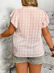 SHEIN LUNE Plus Size Women V-Neck Shirred Sleeve Jacquard Blouse, Casual Resort Wear - Pink - View 2