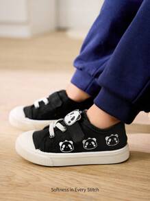 Cozy Pixies 1 双男童熊猫钩环帆布平底休闲运动鞋适合日常穿着，四季皆宜（图案随机） - 黑色 - 查看 2